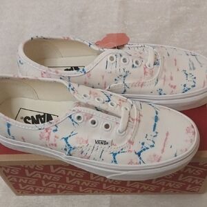 Vans And Madewell Colab Womens 6 White Canvas Sneakers with Pink & Blue Splatter